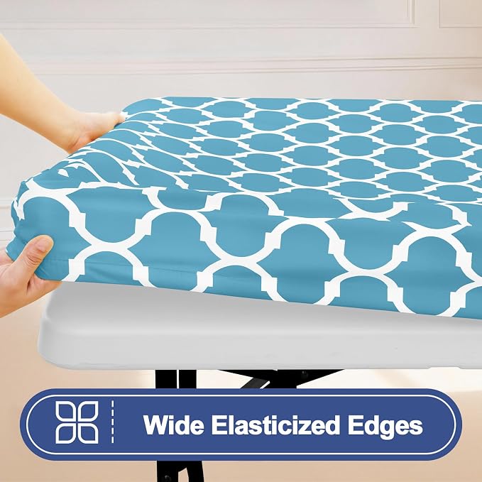 Smiry 2 Pack Rectangle Table Cloth 4 Foot, Waterproof Elastic Fitted Tablecloths, Windproof Washable Polyester Table Cover for Picnic, Camping, Outdoor (Light Blue, 30"x48")