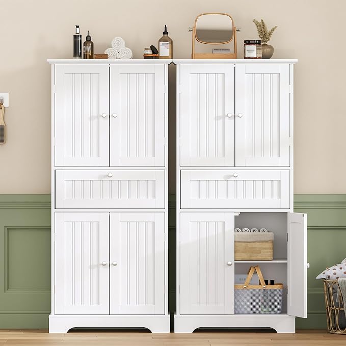 ChooChoo 51" H Bathroom Floor Cabinet with Drawers and Adjustable Shelves | Bathroom Storage Cabinet, Freestanding Kitchen Pantry Cupboard with 4 Doors for Living Room, White