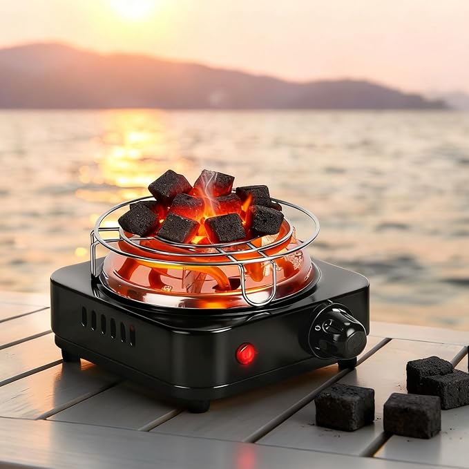 500W Electric Hookah Charcoal Burner - 5 Temperature Gears with Thermostat Safety, Stainless Steel Coil & Bonus Accessories for Indoor/Outdoor Use