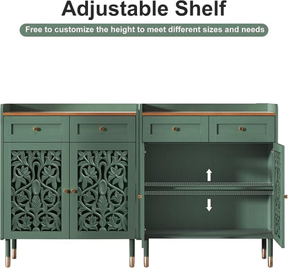 3More Sideboard Buffet Cabinet with Retro Carving Pattern Set of 2, Kitchen Pantry Storage Cabinet with 1 Drawer & 2 Doors, Coffee Bar for Living Room, Kitchen, Dining Room, Green