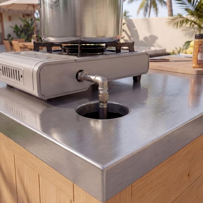 MOUMON Patio Grill Prep Table with Propane Tank Storage, Solid Cedar Patio Cabinet with Stainless Steel Top, Outdoor Cooking Station, Propane not Included, Oak 51.2”W x 23.6”D x 27.6”H