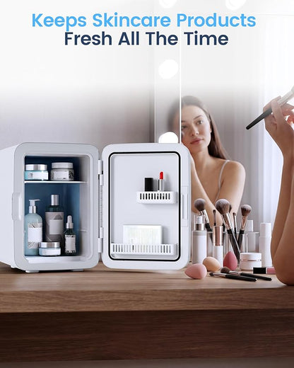 Electactic 10L Portable Mini Fridge, Compact Refrigerator, White | Quiet 2.6 gal Skincare Fridge with AC/DC Adapter for Makeup, Beverages and Food, Ideal for Bedroom, Office and Travel