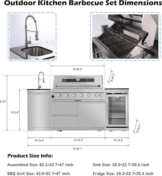 BBQ Island Outdoor Kitchen Kits 6-Burner 85000 BTU Stainless Steel Modular 82 Inch Propane Gas Outdoor Kitchen Bar Barbecue Island Grill with Refrigerator and Sink for Patio Backyard