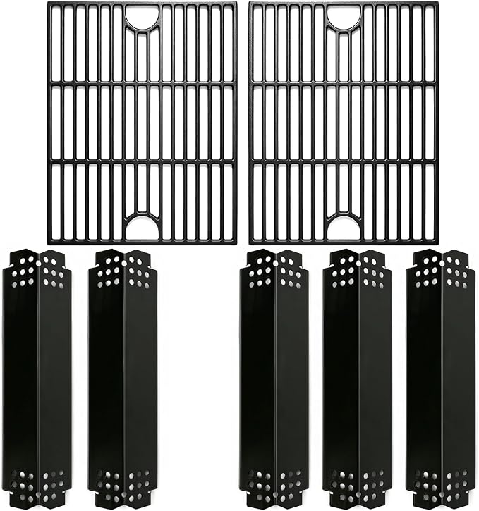 Grill Parts for Home Depot Nexgrill 4 Burner 720-0830H, 5 Burner 720-0888N, 720-0888 Gas Grill Models, Porcelain Steel Heat Plate Flame Tamer + 13 x 17 Cast Iron Grill Grates