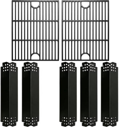 Grill Parts for Home Depot Nexgrill 4 Burner 720-0830H, 5 Burner 720-0888N, 720-0888 Gas Grill Models, Porcelain Steel Heat Plate Flame Tamer + 13 x 17 Cast Iron Grill Grates