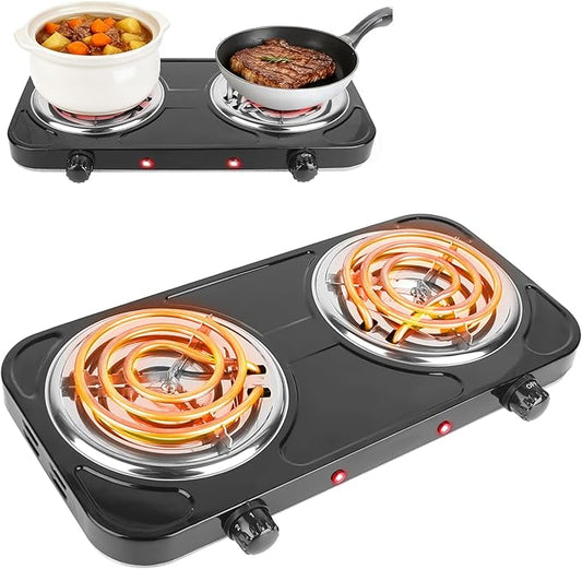 Electric Charcoal Burner Stove, 500W Single Coil Hot Plate Starter with Grill Tongs, 5-Level Temp, Smart Heat Control & Stainless Steel Fast Heating for Cooking top Countertop (3890Black-Double01)