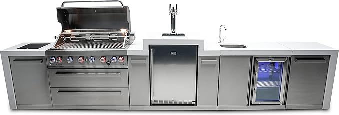Mont Alpi Deluxe 180"W Stainless Steel Outdoor Kitchen Island with Refrigerator + Faucet & Sink + 3-tap Kegerator Beer Dispenser + 44"W 6-Burner BBQ Gas Grill + Granite Countertops + Storage + Cover