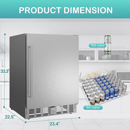 24 Inch Indoor/Outdoor Beverage Refrigerator 170 Cans, Stainless Steel Beverage Refrigerator for Undercounter Built-in or Freestanding, Lockable Door and Auto Defrost, Fast Cooling, Low Noise, 32-50℉