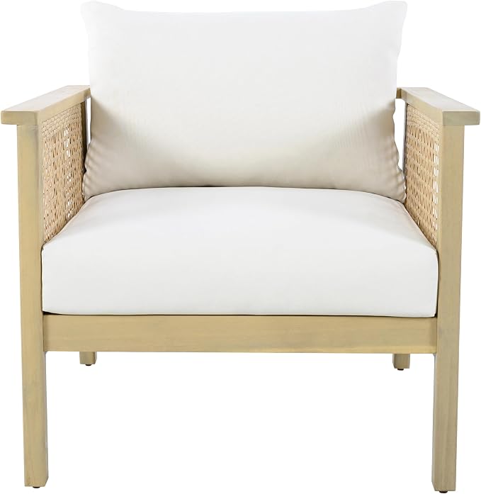 Christopher Knight Home Teras Acacia Wood Lounge Chair Outdoor Set of 2 with Removable Cushion, Solid Wood Patio Accent Chair with PE Wicker Accents, Patio Furniture Set Sofa Chair, Light Teak+Cream