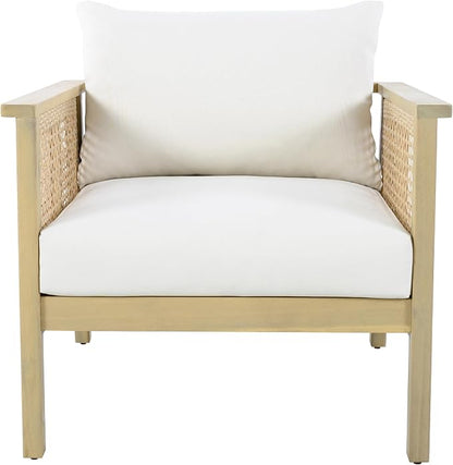 Christopher Knight Home Teras Acacia Wood Lounge Chair Outdoor Set of 2 with Removable Cushion, Solid Wood Patio Accent Chair with PE Wicker Accents, Patio Furniture Set Sofa Chair, Light Teak+Cream