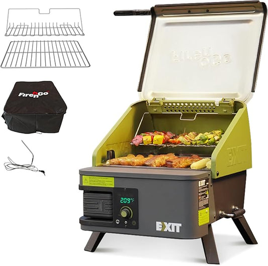 EXIT Fire'n'Go Portable Grill Smoker & EXIT Tire Inflator Portable Air Compressor with Power Share Freedom Battery