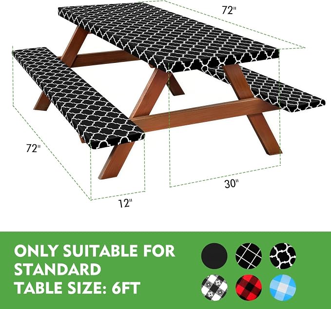 Picnic Table Cover with Bench Covers, Waterproof Tablecloth Set, Morocco | Fitted 6ft Tables, for Outdoor Camping, RV, Includes 1 Table Cover(30"x72"), 2 Bench Covers(72"x12"), Drawstring Storage Bag