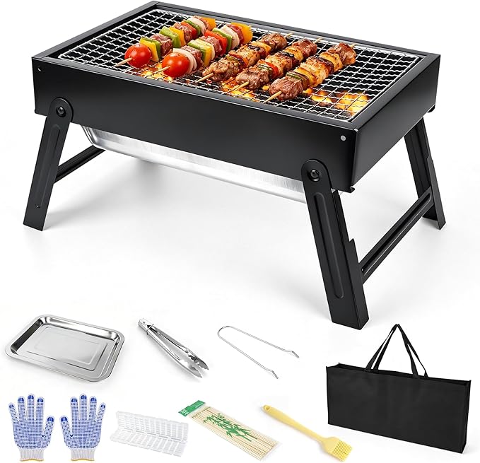 Portable Folding Charcoal Grills, 13.7“x8.7"7.5" Small Camping Campfire Grill, Barbecue Grill for Outdoor Travel Backyard Picnic Beach, with 8-Piece BBQ Accessories