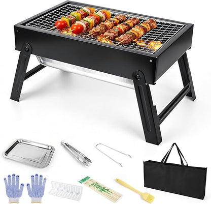 Portable Folding Charcoal Grills, 13.7“x8.7"7.5" Small Camping Campfire Grill, Barbecue Grill for Outdoor Travel Backyard Picnic Beach, with 8-Piece BBQ Accessories