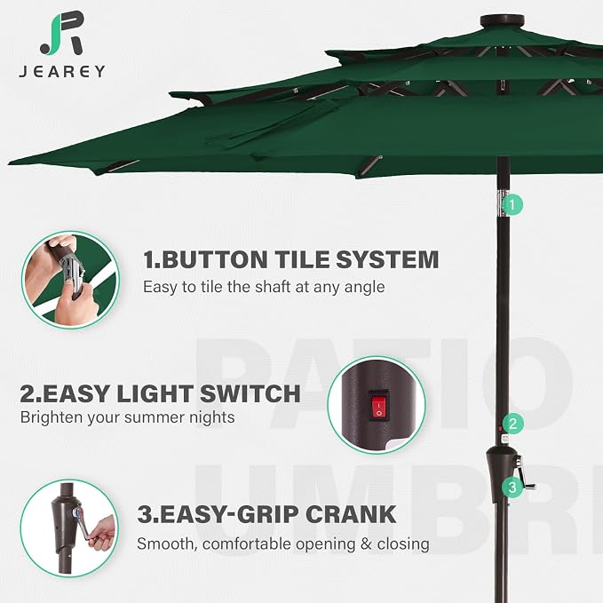 JEAREY 9 ft 3-Tier Outdoor LED Lighted Patio Umbrella w/Crank, Dark Green | Solar Market Table Umbrella with 8 Sturdy Ribs, UV Protection Waterproof Sunproof for Garden, Deck and Backyard
