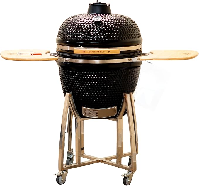 23" Kamado Grill COALS by Comfortbil Ceramic Charcoal Grill Smoker with Cart, Side Shelves and 487 Sq Inch Cooking Area