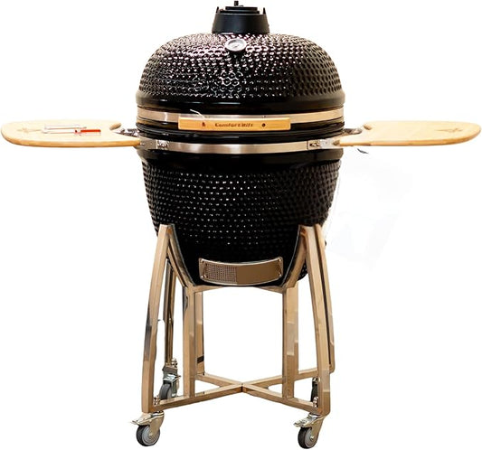 23" Kamado Grill COALS by Comfortbil Ceramic Charcoal Grill Smoker with Cart, Side Shelves and 487 Sq Inch Cooking Area