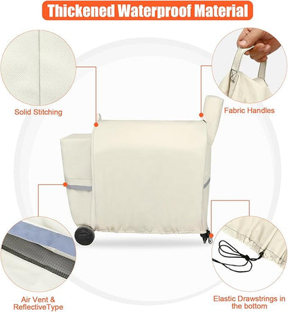 QuliMetal Pellet Grill Cover for Traeger Pro 34/780, Texas Elite 34, Eastwood 34 Series Pellet Grills, Z Grills 700/550/600, 600D Fade Resistant Full Length Grill Cover with Elastic Drawstrings, Beige