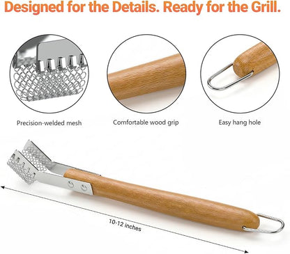 House Again Grill Scraper, Mesh Ring Grill Brush for Wire Grates & Rod Grates, Safe Barbecue Scraper with Long Wooden Handle for Outdoor BBQ & Camping-Griller Gifts for Men