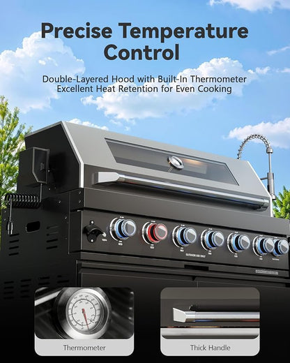 82" Modular Outdoor Kitchen Island with Grill, 6-Burner 85,000 BTU Propane BBQ Island, 304 Stainless Steel, Refrigerator, Sink & Rotisserie, for Backyard and Patio Cooking, Black