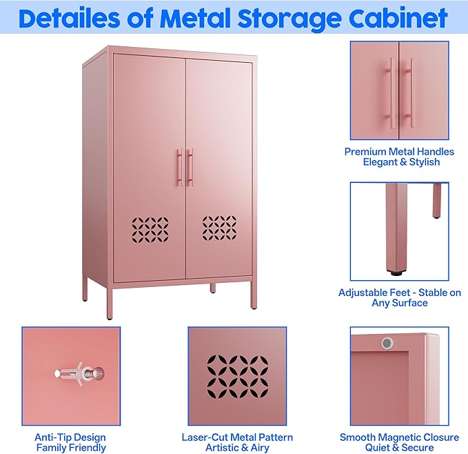Metal Storage Cabinet with Vented Doors, Metal Sideboard Cabinet with 2 Adjustable Shelves, Freestanding Pink Accent Locker for Home,Dorm, Nursery,Assembly Required