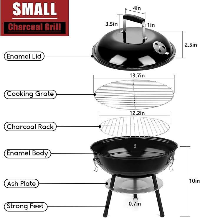 HaSteeL 14 Inch Charcoal Grill, Small Black Enamel Outdoor BBQ Grill, Mini Flat Top Kettle Barbecue Grill with Screwdriver, Portable for Backyard Garden Camping Cooking Smoking, Dual Venting System