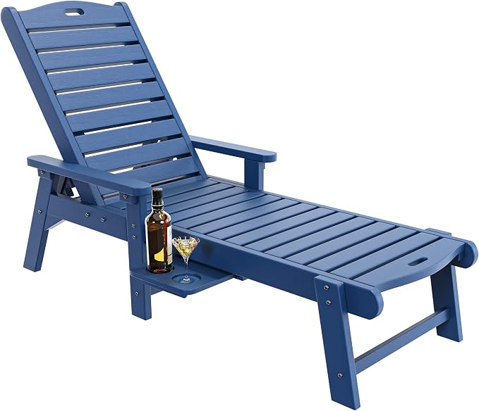 YITAHOME Outdoor Chaise Lounge Chair with Adjustable Backrest, Heavy Duty Resin Patio Lounger with Retractable Tray, 350lbs Capacity Waterproof for Outside Poolside Beach Backyard, Dark Blue