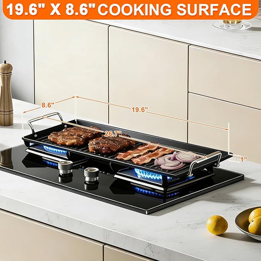 Pre-Seasoned Cast Iron Griddle for Gas Grill, 26.7"x8.6" Ribbed Flat Top Grill Plate for Double Burner, Durable for Gas/Electric/Charcoal Grills, for Stovetop, Camping & BBQ