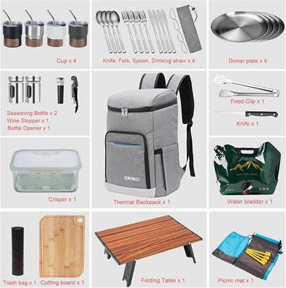 Picnic Backpack Bundle 15-in-1 Set Camping Gear with Fold Table & Waterproof Blanket & Stainless Steel Utensils for 4-Person Family Hiking Essentials