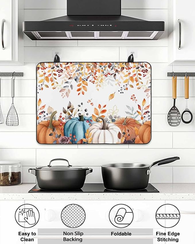 Stove Top Covers for Electric Stove 31x24 Inches, Fall Pumpkins HeatResistant Glass Cooktop Protector, Thanksgiving Weeping Leaves Watercolor Ceramic Stovetop Countertop Covers Vintage Mat, Oven Cover