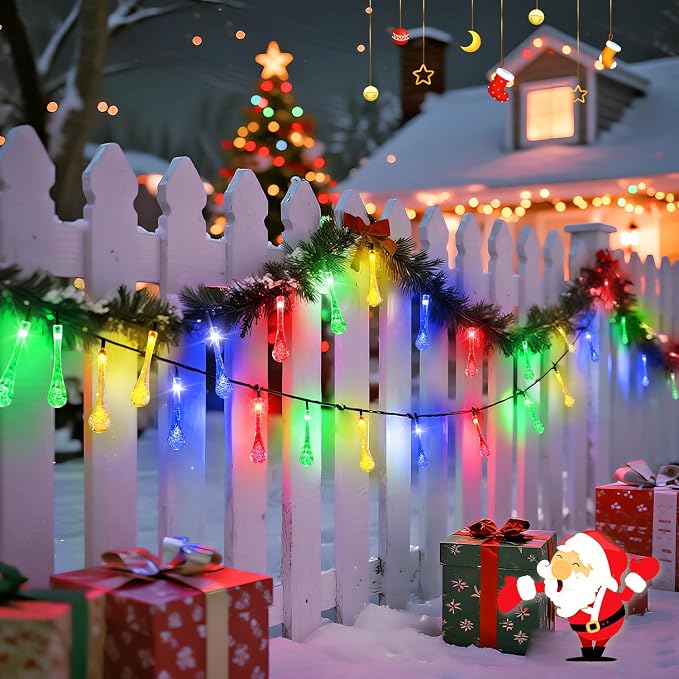 JMEXSUSS 2 Pack Solar String Lights Outdoor, Total 60LED 41.6FT, Water Drop | Outdoor Waterproof, Teardrop, 8 Modes Multi Colored Christmas Lights for Outside Garden Patio Yard Tree Christmas Decorations