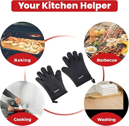 Silicone BBQ Cooking Gloves with Meat Smoker Guide，Heat Resistant Oven Mitts with Fingers，Long Protective Cotton Lined Barbecue Grilling Gloves 1 Pair for Kitchen, Cooking, and Baking Gifts (Black)