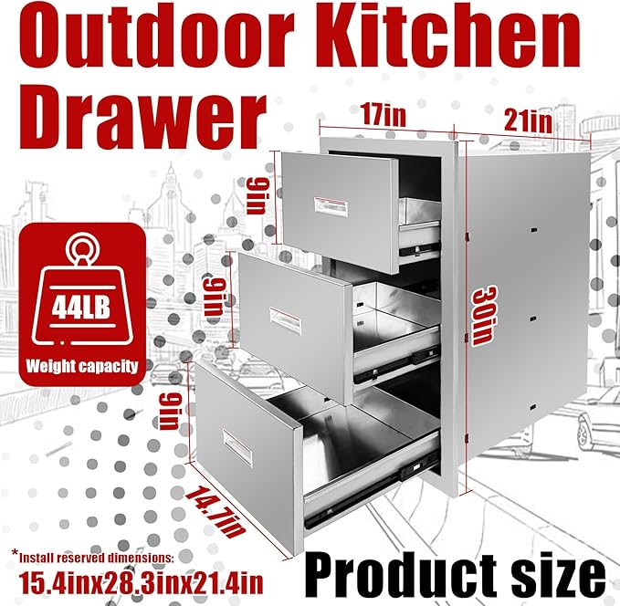 Outdoor Kitchen Triple Layer Drawer 17'' W x 30'' H x 21'' D Flush Mount BBQ Access Drawers Stainless Steel BBQ Island Drawers with Handle Suitable for Outdoor Kitchen Island Grill Station