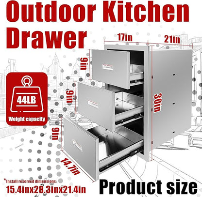 Outdoor Kitchen Triple Layer Drawer 17'' W x 30'' H x 21'' D Flush Mount BBQ Access Drawers Stainless Steel BBQ Island Drawers with Handle Suitable for Outdoor Kitchen Island Grill Station