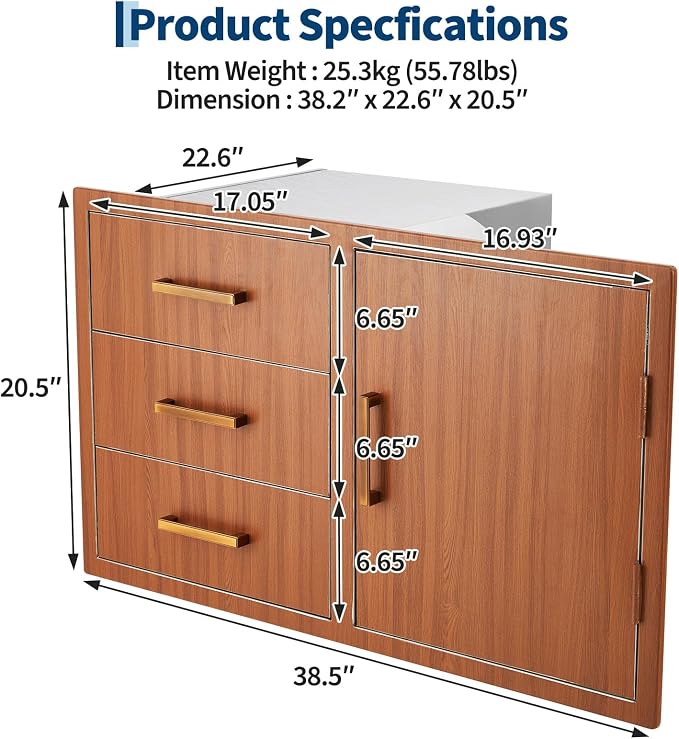 PeakPursuit Stainless Steel Outdoor Kitchen Door Drawer Combo - Triple Drawers & Access Door, Propane Storage & Adjustable Garbage Ring, Weather-Resistant Flush Mount, 38.2" W x 22.6" D x 20.5" H