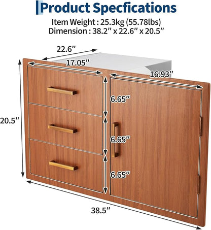 PeakPursuit Stainless Steel Outdoor Kitchen Door Drawer Combo - Triple Drawers & Access Door, Propane Storage & Adjustable Garbage Ring, Weather-Resistant Flush Mount, 38.2" W x 22.6" D x 20.5" H