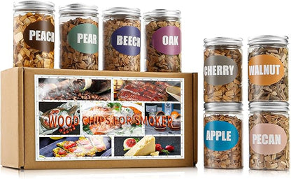 Natural Wood Chips for Smoker, (8 Gift Pack - Apple, Cherry, Oak, Pecan, Pear, Peach, Walnut, Beech) 8 OZ Each| Smoker Woodchips for Smoking Gun and BBQ, Great for Beef Pork Chicken Fish and Whisky