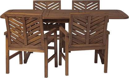 Walker Edison 4-6 Person Outdoor Wood Chevron Back Patio Furniture Dining Set Extendable Table Chairs All Weather Backyard Conversation Garden Poolside Balcony, 5 Piece, Dark Brown