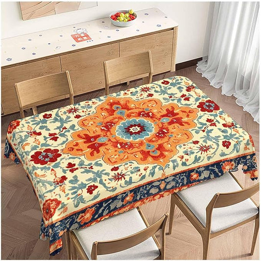 Carpet Boho Table Cloth Rectangle Table 52"X70", Ethnic Southwest Persian Style Rug Orange Wipeable Table Cover for Dinner Kitchen, Outdoor Tablecloth for Party Banquets Weddings