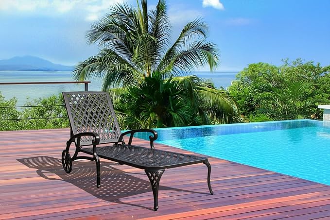 KEIKI Chaise Lounge Chair Outdoor, Aluminium Cast Patio Chaise Lounge with Adjustable Backrest and Moveable Wheels, Outside Tanning Chair, Brown (Side Table Not Included)
