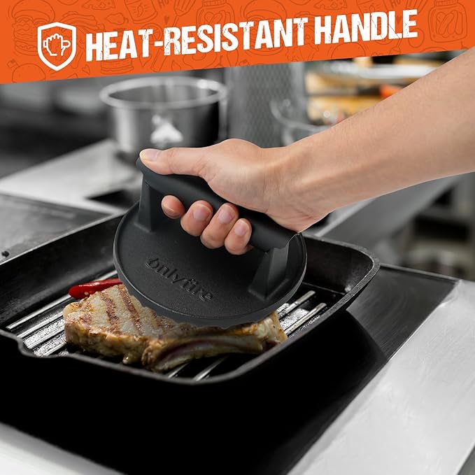 onlyfire Cast Iron Grill Press, Heavy-Duty Smash Burger Press Meat Steak with Handle for Griddle, 6” Grill Press for Hamburger, Bacon, Meat, Steak, Patty