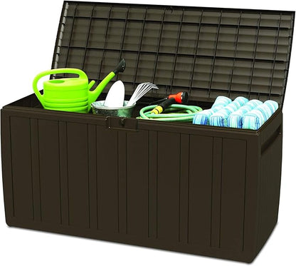 Ram Quality Products 71 Gallon Plastic Outdoor Backyard Storage Bin Deck Box for Patio Furniture Cushions,Tools, and Pool Accessories, Brown