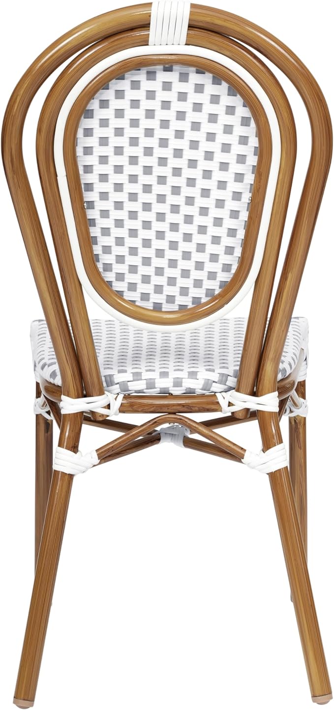 Flash Furniture Lourdes Indoor/Outdoor Commercial Thonet Bistro Stack Chair - White/Gray PE Rattan Back and Seat - Natural Bamboo Print Metal Frame - Set of 2