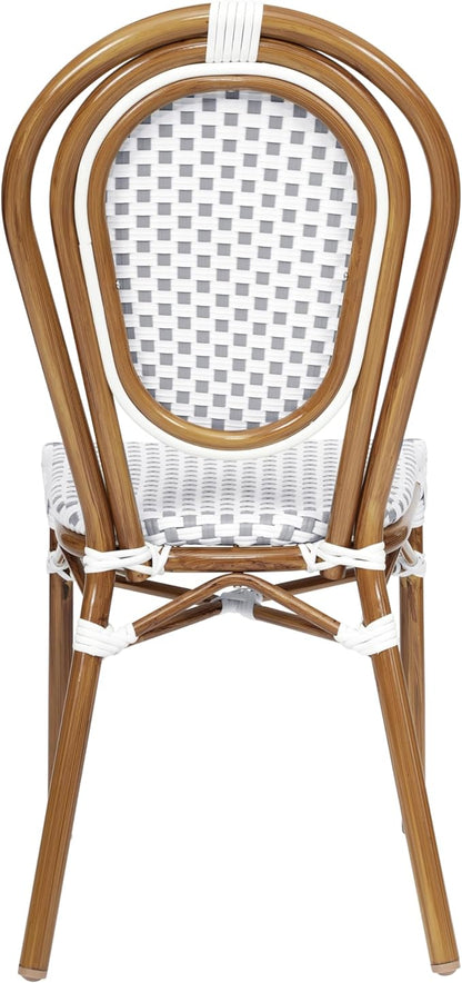 Flash Furniture Lourdes Indoor/Outdoor Commercial Thonet Bistro Stack Chair - White/Gray PE Rattan Back and Seat - Natural Bamboo Print Metal Frame - Set of 2