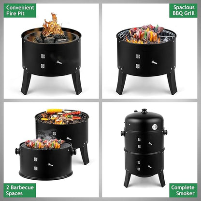 Vertical Steel Charcoal Smoker, Round BBQ Grill Vertical Charcoal BBQ Smoker, 3-in-1 Portable Outdoor Grill Cooker with Built-in Thermometer for Outdoor Cooking Backyard Grilling Camping Picnic