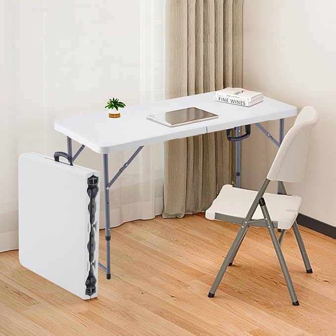 BOOSDEN 4 Foot Folding Table, Portable Rectangle Card Table, Indoor Outdoor Plastic Fold-in-Half Utility Table with Carrying Handle, Adjustable Height Foldable Tables for Picnic,Party,Camping,Office