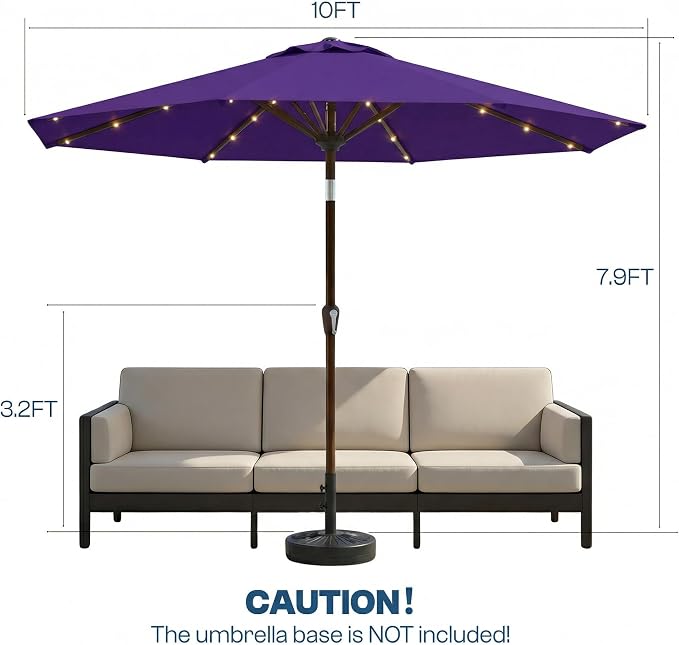 10FT Solar Patio Umbrella with Lights, Outdoor Table Market Umbrella with 32 LED Lights, 8 Sturdy Ribs, Push Button Tilt and Crank for Pool, Deck and Garden, UV-Resistant