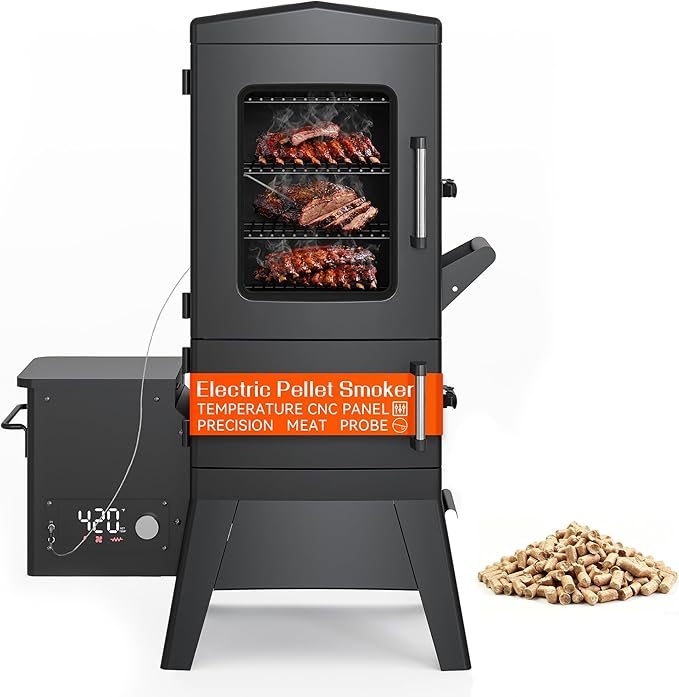 Vertical Pellet Smoker Grill with Cover & Meat Probe, 4-Rack Electric Pellet Smoker, 616 Sq.In Digital BBQ Smoker with LED Temperature Control for Outdoor Smoking Brisket, Ribs, Chicken & Sausage