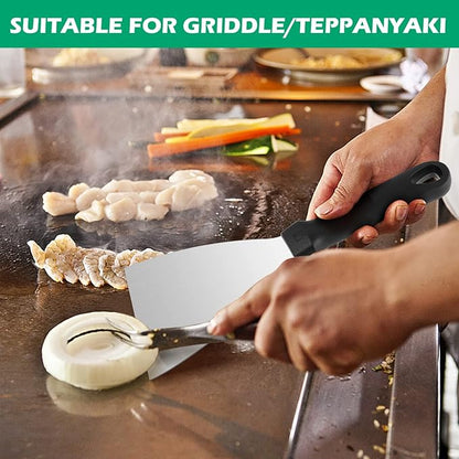 Metal Spatula Set of 2, HaSteeL 9.8 x 3.6In Stainless Steel Slant-edge Turner Flipper Scraper, Flat Top Griddle Teppanyaki Hibachi Tools for Barbecue Camping Cooking, Plastic Handle & Easy to Clean
