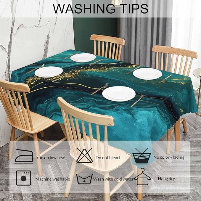 Tablecloth Marble Green, Abstract Liquid Marble Gold Green Rectangular Table Cover Kitchen Table Cloth for Dining Hotel Coffee Parties Tabletop Decoration, 52x70 Inch